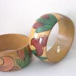 Vintage Wood Bangle Bracelet Pair Handpainted..