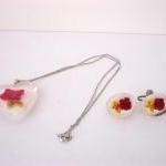 Vintage Lucite Rose Pendant Necklace And Earrings..