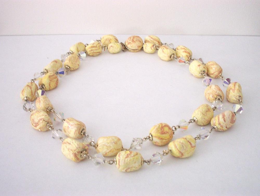 Vintage Necklace Double Strand Crystals And Ceramic Beads Marked Japan